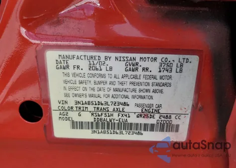 2003 Nissan Sentra Se-R Spec V z USA, uszkodzony, nr VIN 3N1AB51D63L723486